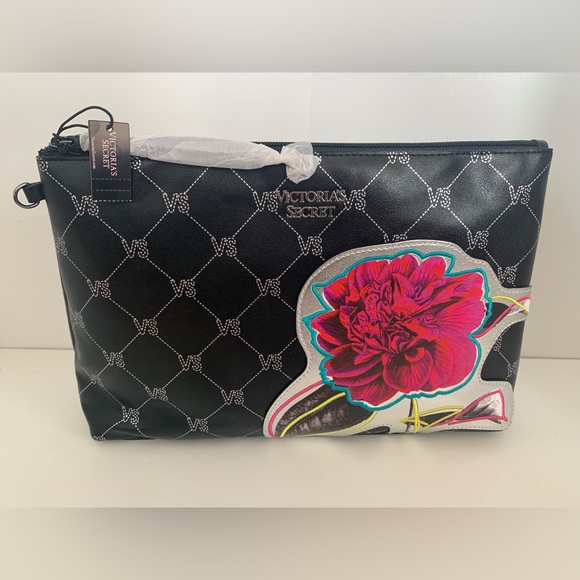 Victoria's Secret Handbags - Victorias Secret Faux Leather Cosmetic Makeup Clutch Bag Black Monogram NWT